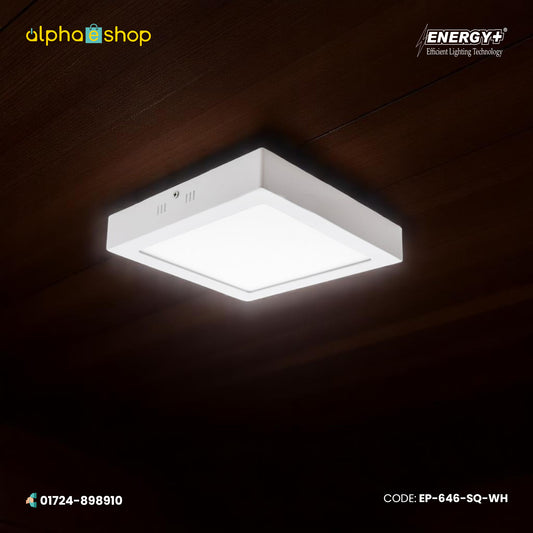 Energy Plus 646 square LED surface panel light in white with slim frame and frosted diffuser, model EP-646-SQ-WH.