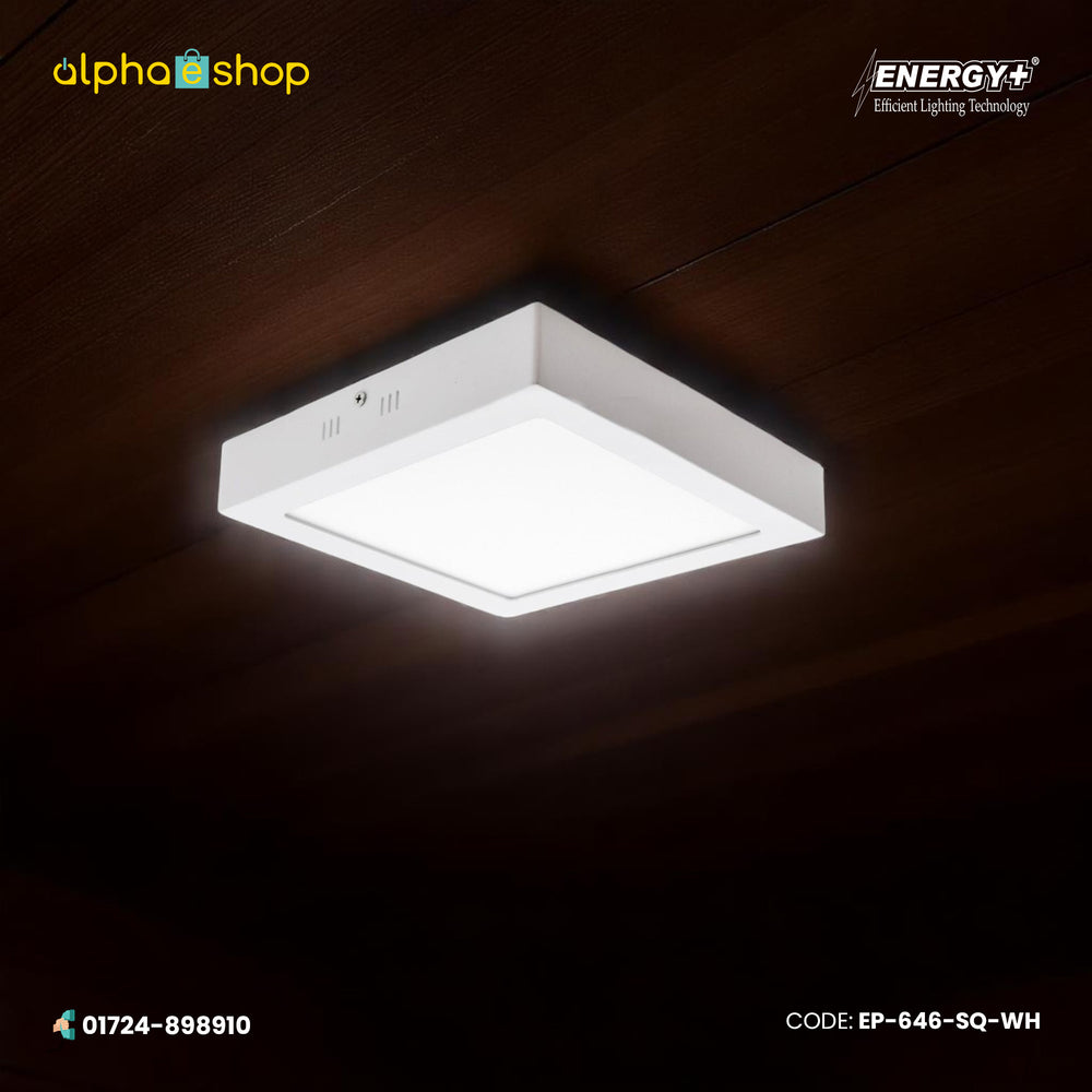 Energy Plus 646 square LED surface panel light in white with slim frame and frosted diffuser, model EP-646-SQ-WH.