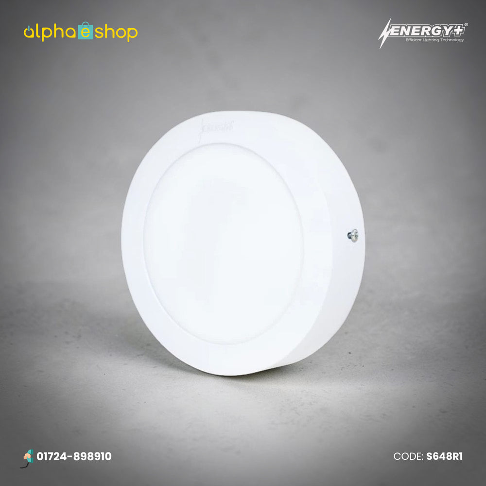 Energy Plus 648 12W round LED surface panel light in white with slim circular frame and frosted diffuser, model S648.