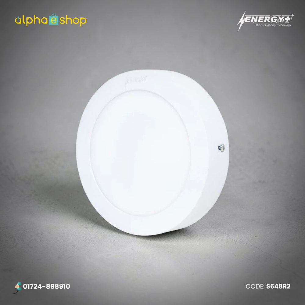 Energy Plus 648 12W round LED surface panel light in white with slim circular frame and frosted diffuser, model S648.