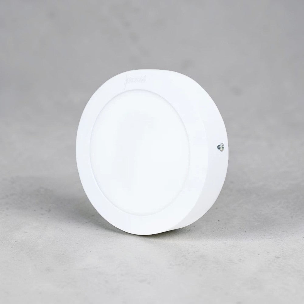 Energy Plus 648 12W round LED surface panel light in white with slim circular frame and frosted diffuser, model S648.