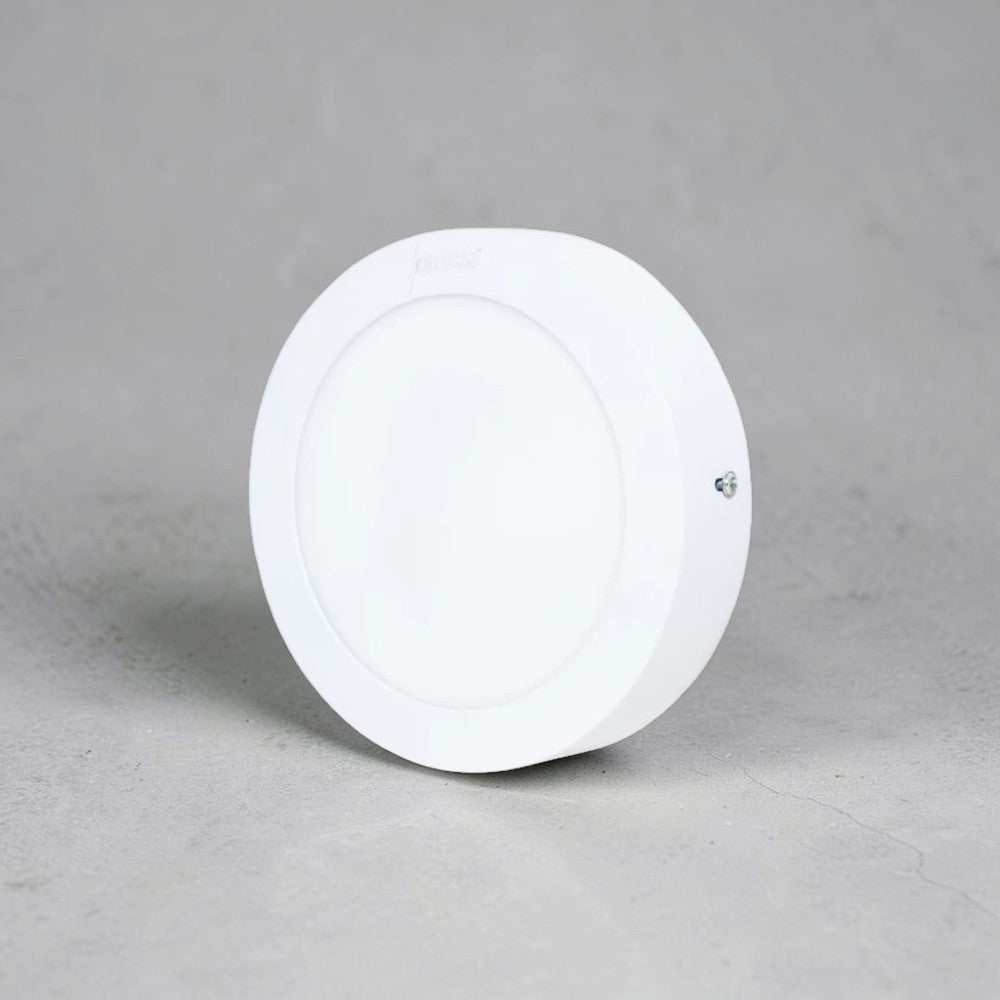 Energy Plus 648 12W round LED surface panel light in white with slim circular frame and frosted diffuser, model S648.