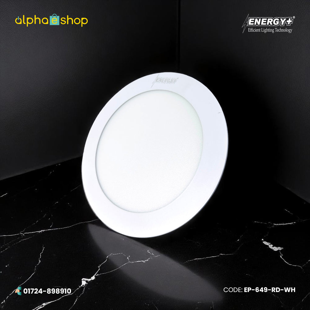Energy Plus 649 round LED concealed panel light in white with slim trim and frosted diffuser, model EP-649-RD.