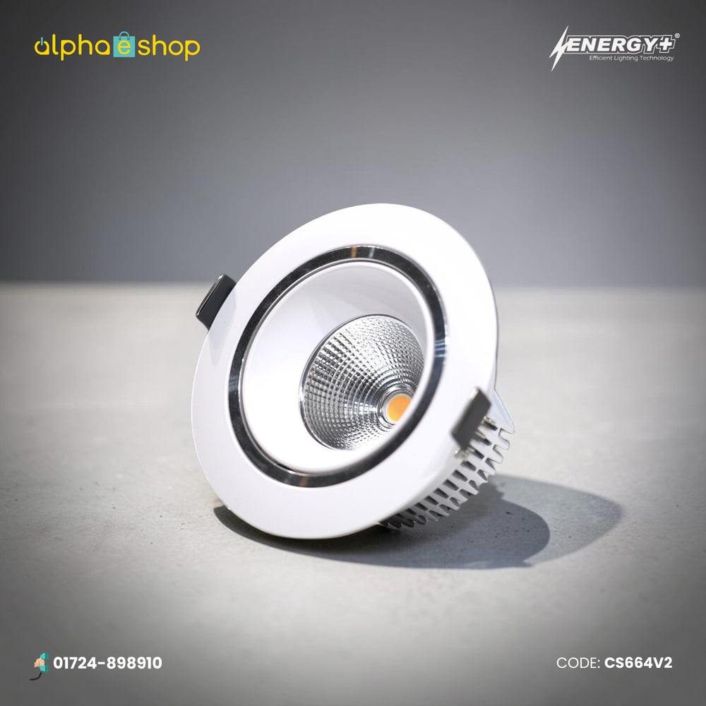 Energy Plus 664 12W round LED concealed spot light with a white frame, silver reflector and finned heat sink.