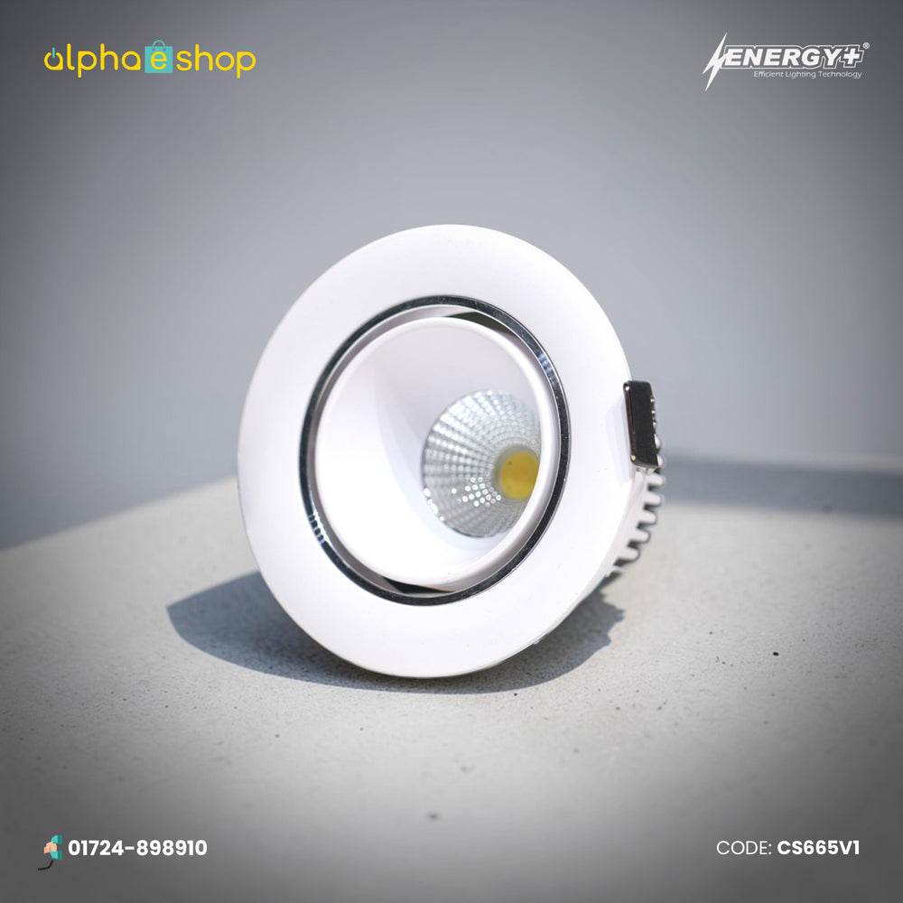 Energy Plus 665 7W round LED concealed spot light with a white frame, silver inner ring and textured reflector.