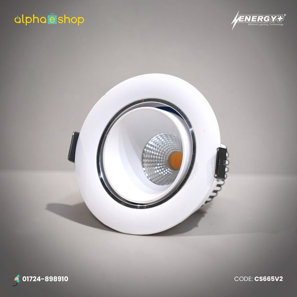 Energy Plus 665 7W round LED concealed spot light with a white frame, silver inner ring and textured reflector.