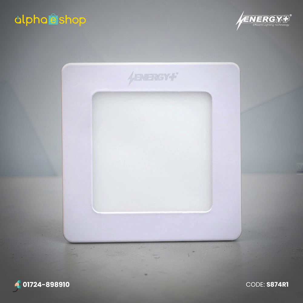 Energy Plus 874 6W square LED surface panel light in white with slim frame and frosted diffuser, model S874.