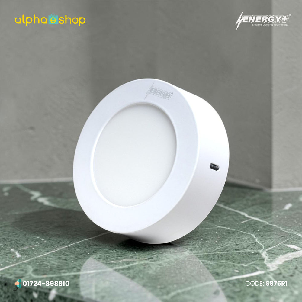 Energy Plus 875 6W round LED surface panel light with a white body, wide circular frame and frosted diffuser.