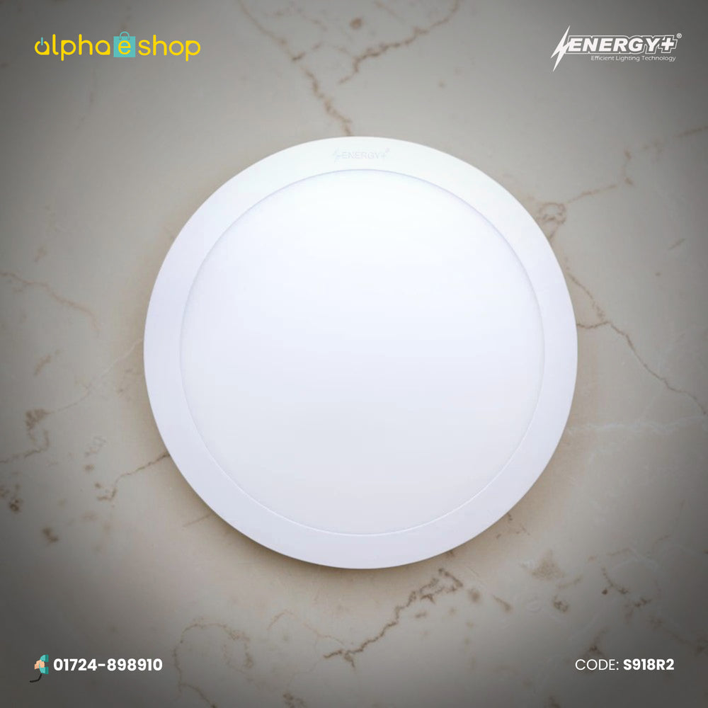 Energy Plus 918 24W round LED surface panel light in white with slim circular frame and frosted diffuser, model S918.