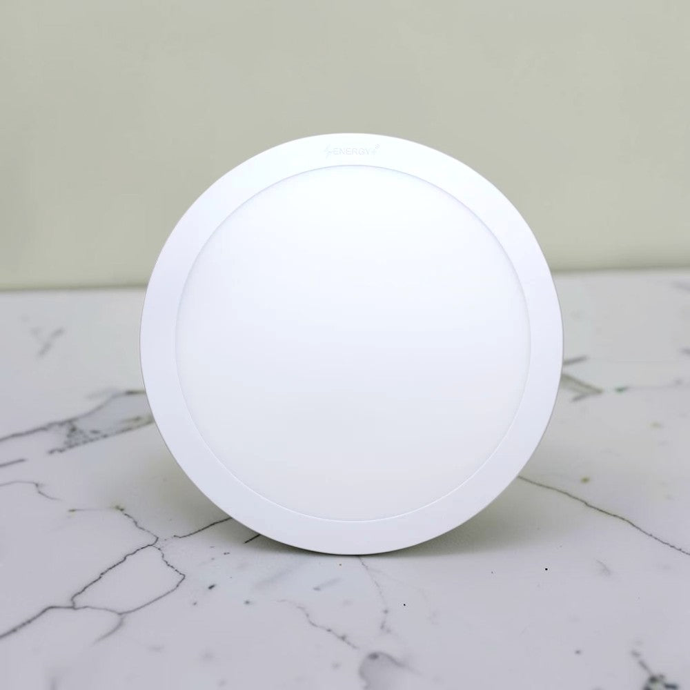 Energy Plus 918 24W round LED surface panel light in white with slim circular frame and frosted diffuser, model S918.