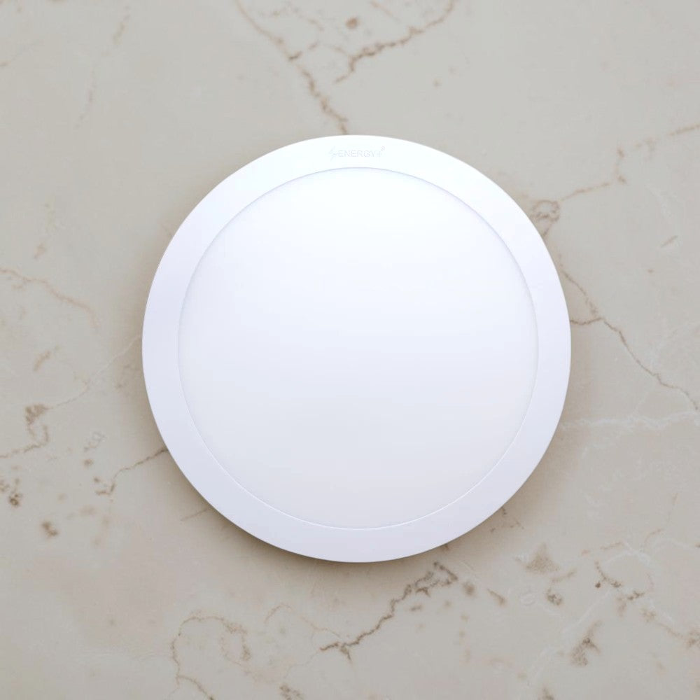 Energy Plus 918 24W round LED surface panel light in white with slim circular frame and frosted diffuser, model S918.