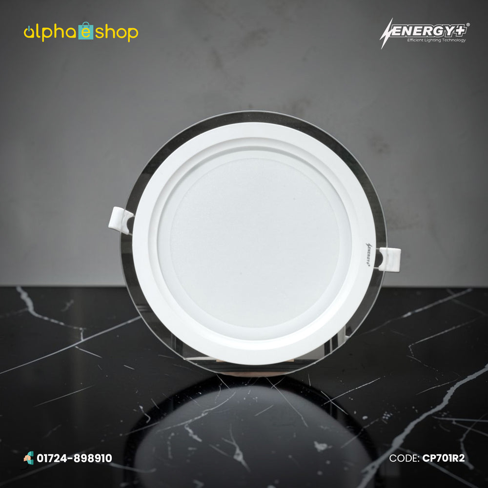 Energy Plus Cozy Panel 2018 18W round panel light in white with black outer trim and frosted diffuser, model CP701.