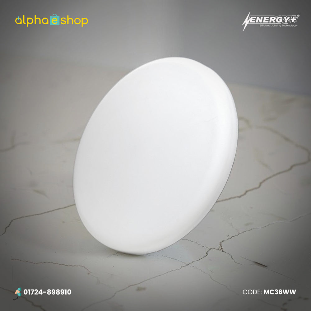 Energy Plus Moon 2026 36W round LED concealed panel light in white with smooth diffuser and slim circular profile, model MC36.