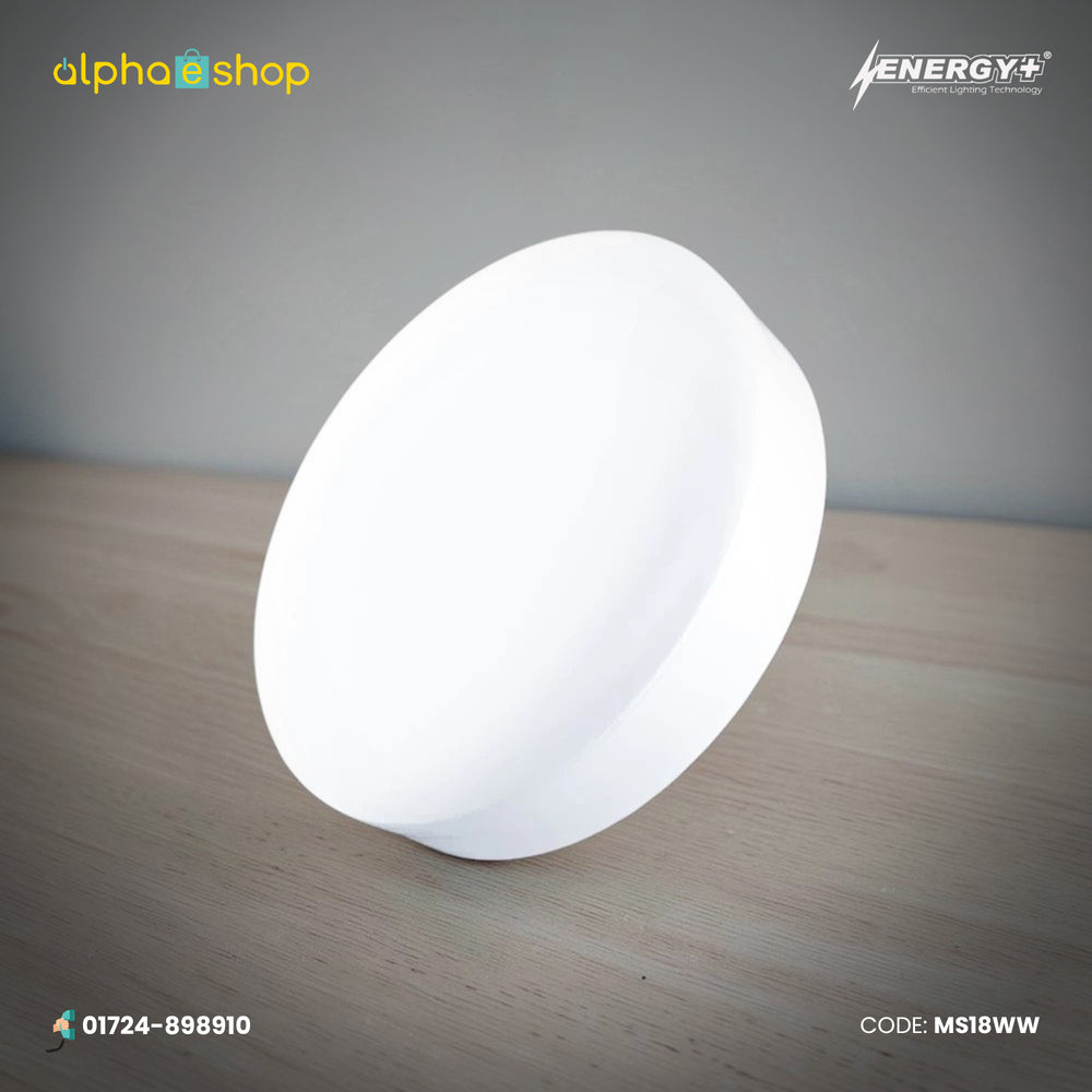 Energy Plus Moon 2027 18W round surface panel light in white with slim profile and smooth diffuser, model MS18.