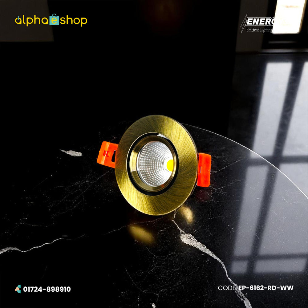 Energy Plus round concealed spot light with brushed gold trim, silver reflector and COB LED center, model EP-6162-RD.