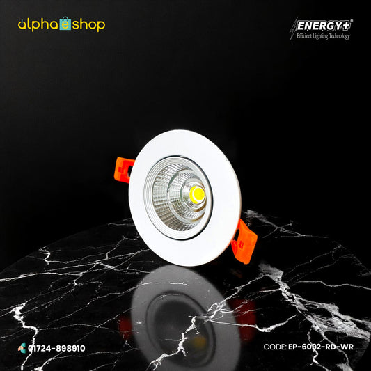 Energy Plus round concealed spot light with white trim, silver reflector and COB LED center, model EP-6092-RD.