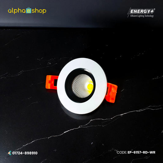Energy Plus round concealed spot light with white trim, black inner ring, silver reflector and COB LED center, model EP-6157-RD.