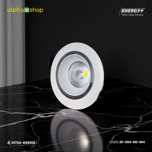 Energy Plus round concealed spot light with white trim, chrome accent ring, silver reflector and COB LED center, model EP-664-RD.
