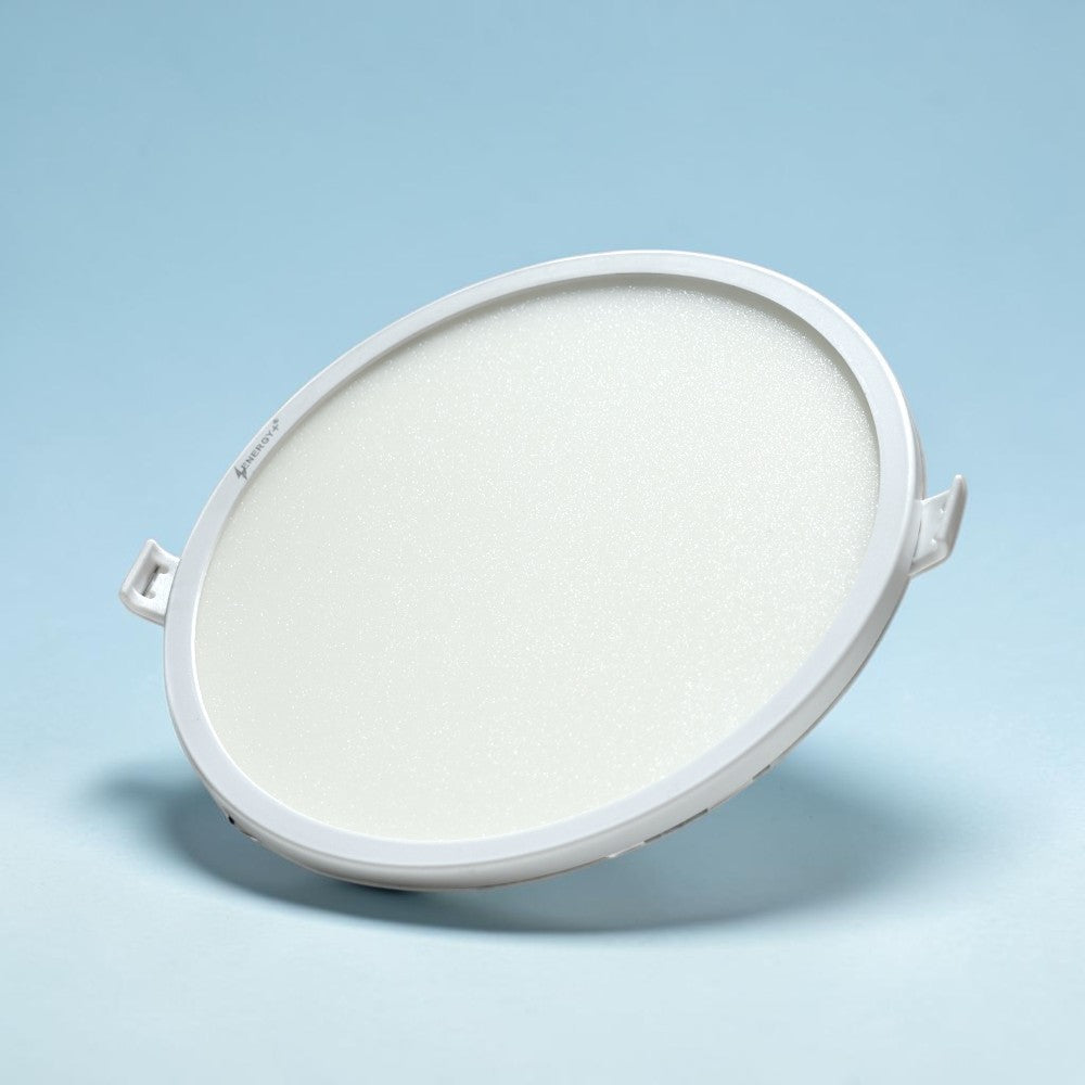 Energy Plus Salvi Panel 2020 18W round panel light in white with slim frame, frosted diffuser and side mounting clips, model SP1090.