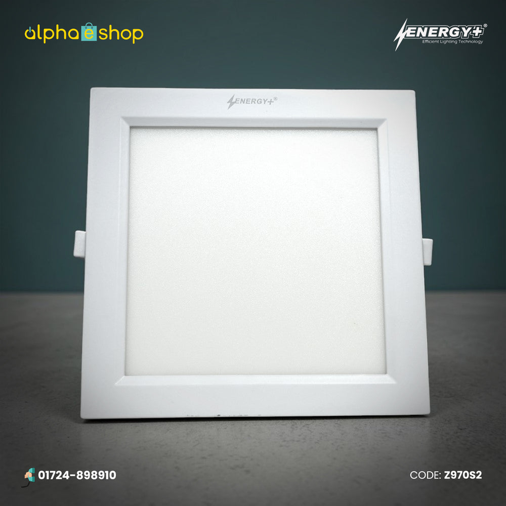Energy Plus Zion Panel 2016 (970) 20W square recessed panel light with a white frame, frosted diffuser and side mounting clips.