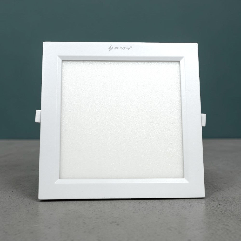 Energy Plus Zion Panel 2016 (970) 20W square recessed panel light with a white frame, frosted diffuser and side mounting clips.
