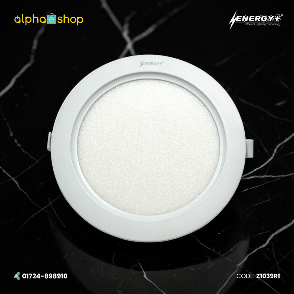 Energy Plus Zion Panel 2017 18W round panel light in white with circular frame and frosted diffuser, model Z1039.