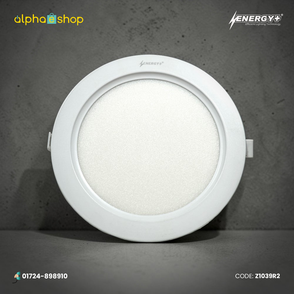 Energy Plus Zion Panel 2017 18W round panel light in white with circular frame and frosted diffuser, model Z1039.