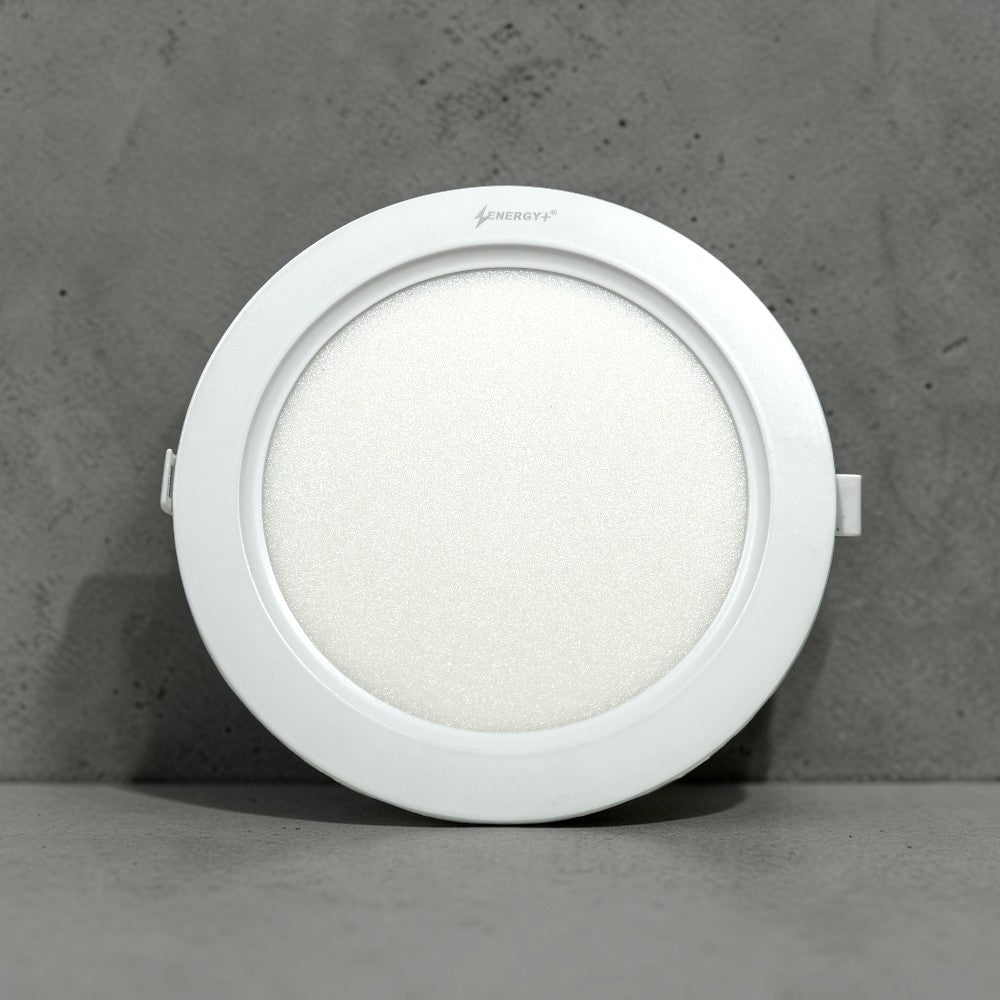 Energy Plus Zion Panel 2017 18W round panel light in white with circular frame and frosted diffuser, model Z1039.