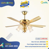 Qulik 52" European Style Ceiling Fan - Q-8118-NG. Elegant Green Bronze finish with glass flower design, pure copper movement, LED lighting, and remote control. Perfect for living rooms, bedrooms, and dining areas.