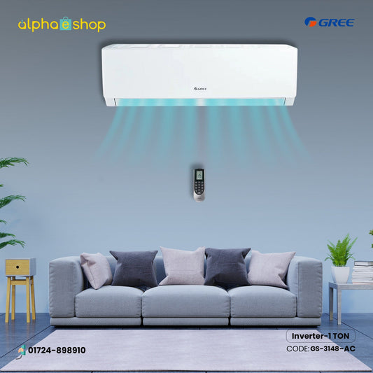Gree Pular 1 Ton inverter split type air conditioner in white color showing cool air airflow illustration and smart wireless remote control.