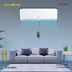 Gree Pular 1 Ton inverter split type air conditioner in white color showing cool air airflow illustration and smart wireless remote control.