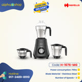 Havells Hydro 750 watt Mixer Grinder with 3 Wider mouth Stainless Steel Jar, Hands Free operation, SS-304 Grade Blade & 5 year motor warranty (black) H-1076-MG