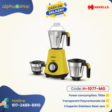 Havells Hydro 750 watt Mixer Grinder with 3 Wider mouth Stainless Steel Jar, Hands Free operation, SS-304 Grade Blade & 5 year motor warranty (Yellow) H-1077-MG