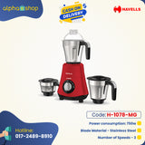 Havells Hydro 750 watt Mixer Grinder with 3 Wider mouth Stainless Steel Jar, Hands Free operation, SS-304 Grade Blade & 5 year motor warranty (RED) H-1078-MG