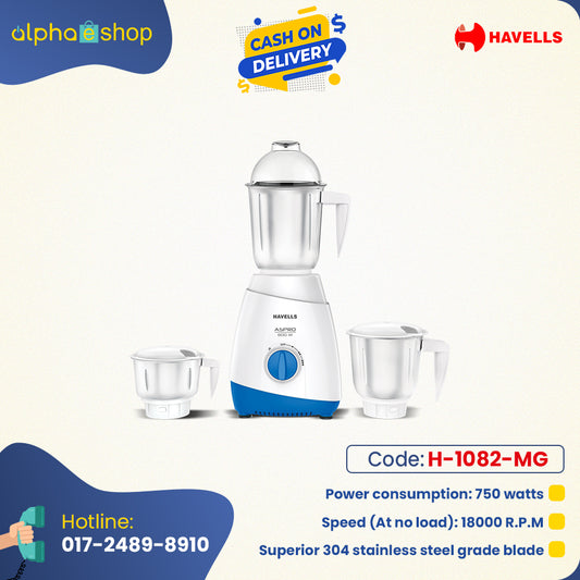 Havells ASPRO 600W Mixer Grinder 3 SS Jars Blue H-1082-MG
