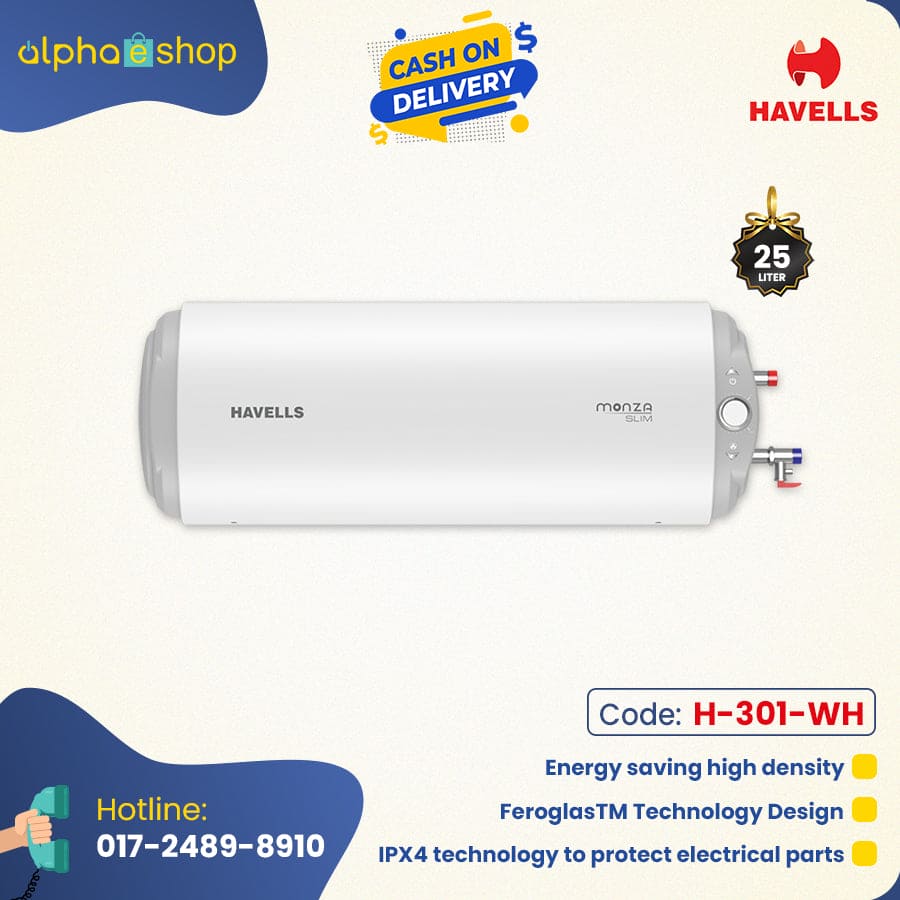 Havells Monza Slim Water Heater - 25 Ltr (White) H-301-WH. Horizontal Installation, 2000W Power, 3-Star BEE Rating. Durable design with ultra-thick steel plates, Incoloy heating element, and Whirlflow technology. Ideal for bathrooms and high-rise buildings.
