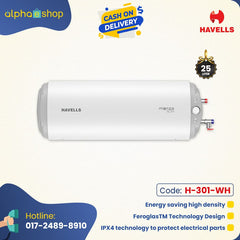 Havells Monza Slim Water Heater - 25 Ltr (White) H-301-WH. Horizontal Installation, 2000W Power, 3-Star BEE Rating. Durable design with ultra-thick steel plates, Incoloy heating element, and Whirlflow technology. Ideal for bathrooms and high-rise buildings.
