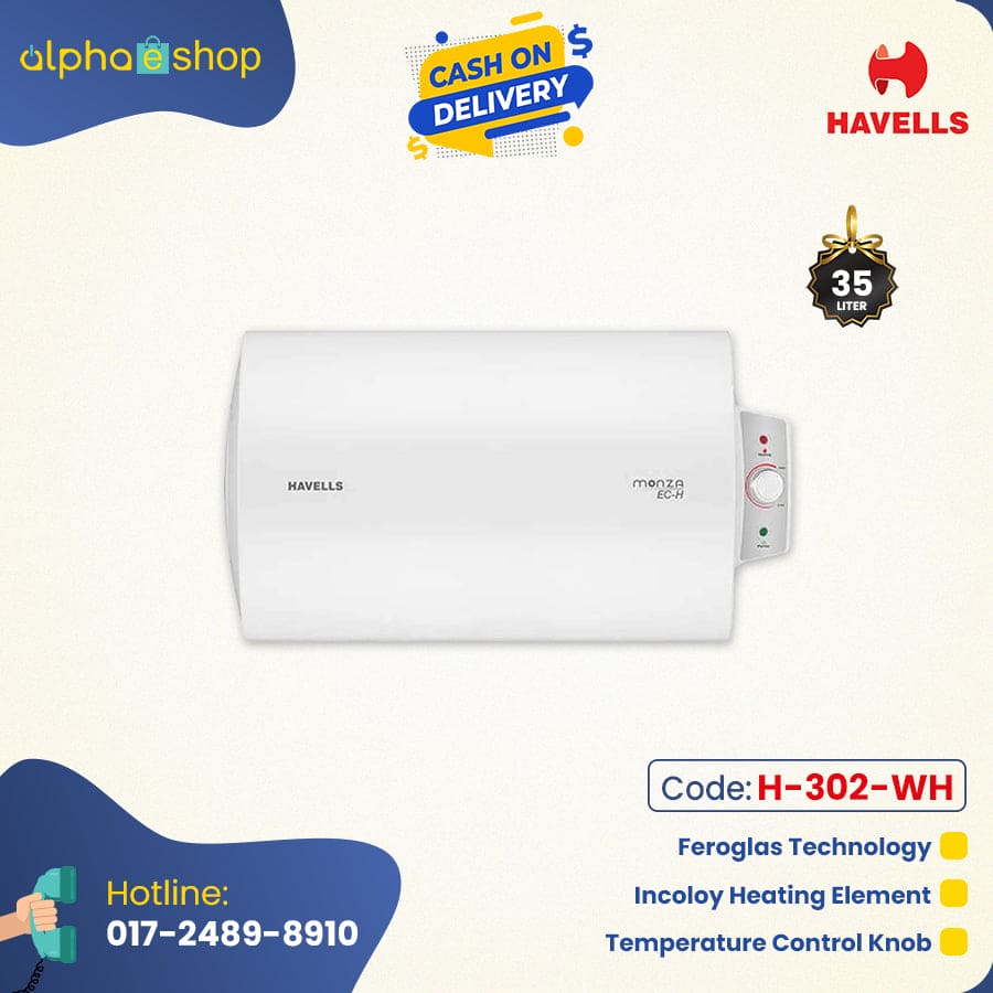 Experience superior hot water performance with the Havells Geyser MONZA-EC-H 35 LTR SP. Horizontal installation, 2000W power, and features like Whirlflow technology for optimized energy saving. Made with ultra-thick super cold-rolled steel plates, Incoloy glass-coated heating element, and FeroglasTM Technology for durability. 3-year tank warranty, 5-year body, and electrical components warranty.