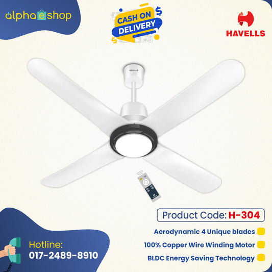 Havells Libeccio BLDC UL - 1200mm ABS Blades RF remote 4 blade Underlight Ceiling Fan (Pearl White) H-304