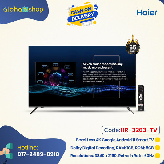 Haier H65K66UG - 65" Bezel Less 4K Google Android 11 Smart TV (Black) HR-3263-TV