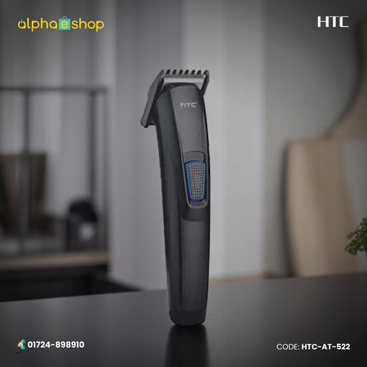 HTC AT-522 rechargeable beard and hair trimmer with adjustable comb attachment and black ergonomic body.
