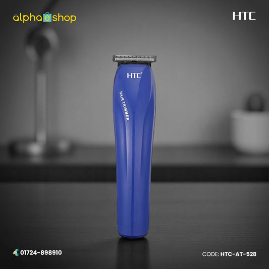 HTC AT-528 rechargeable beard and hair trimmer with precision T-blade and blue ergonomic body.