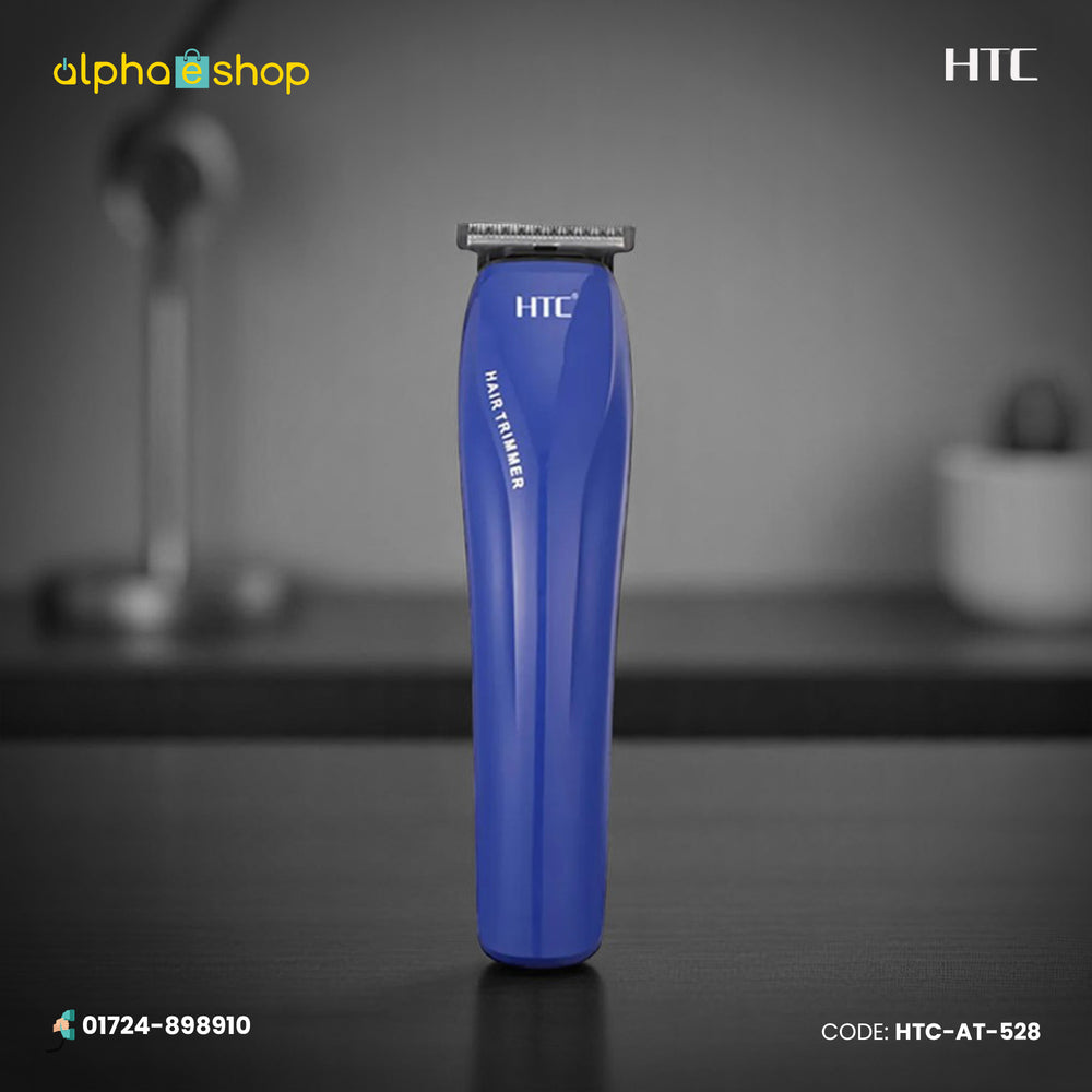 HTC AT-528 rechargeable beard and hair trimmer with precision T-blade and blue ergonomic body.
