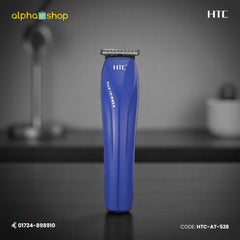 HTC AT-528 rechargeable beard and hair trimmer with precision T-blade and blue ergonomic body.