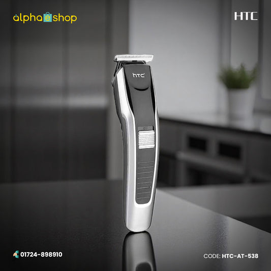HTC rechargeable beard and hair trimmer with precision T-blade and black-silver body, model HTC-AT-538.