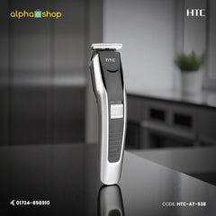 HTC rechargeable beard and hair trimmer with precision T-blade and black-silver body, model HTC-AT-538.