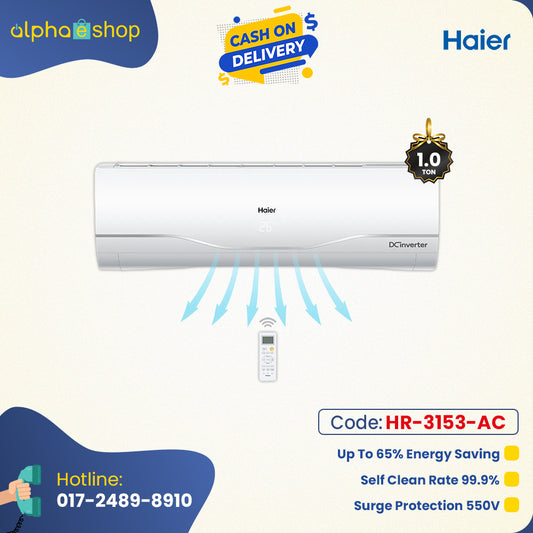 Haier Clean Cool 1 Ton inverter split AC promo banner featuring 65% energy saving, 99.9% self clean rate, and 550V surge protection.