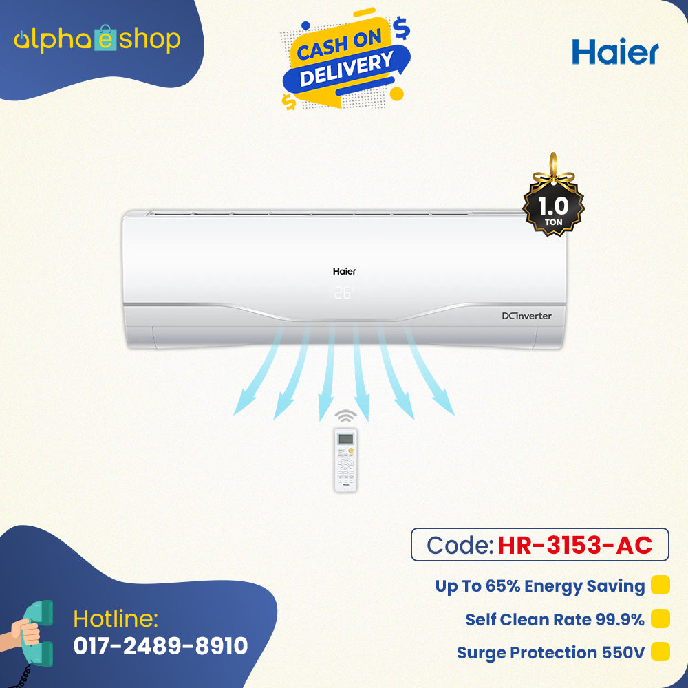 Haier Clean Cool 1 Ton inverter split AC promo banner featuring 65% energy saving, 99.9% self clean rate, and 550V surge protection.