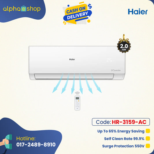 Haier Clean Cool 2 Ton inverter split AC promo banner featuring 65% energy saving, 99.9% self clean rate, and 550V surge protection.