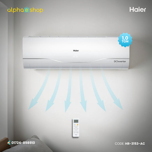 Haier HSU-12 Clean Cool 1 Ton DC inverter split air conditioner in white with remote control and cooling airflow indicators.